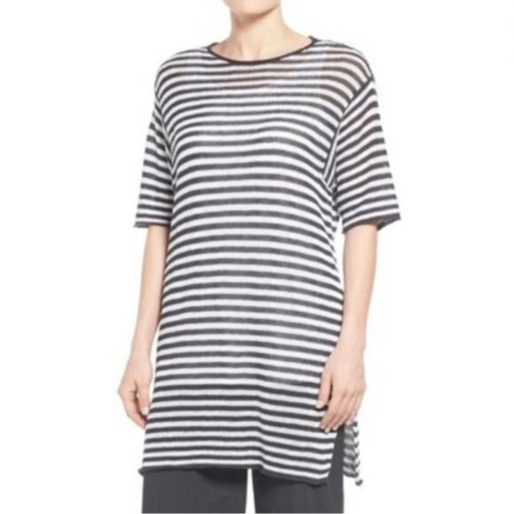 EILEEN FISHER 100% ORGANIC LINEN SS Striped Knit Tunic Top Cover Up Dress MEDIUM - Picture 6 of 13